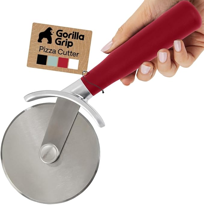 GORILLA GRIP Patented BPA-Free Large Pizza Cutter Wheel, 9 Inch, Extra Sharp Stainless Steel Blade, Slip Resistant Handle with Thumb Guard Protection, Slice Thick or Thin Pizzas, Pie, Pastries, Red