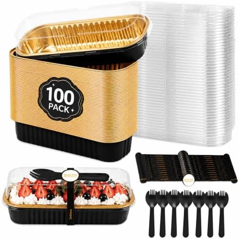 100 Pack Mini Cake Pans with Lids and Spoons, Disposable Aluminum Foil Cake Tins（6.8oz） Mini Loaf Pans with Lids for Party, Wedding, Birthday