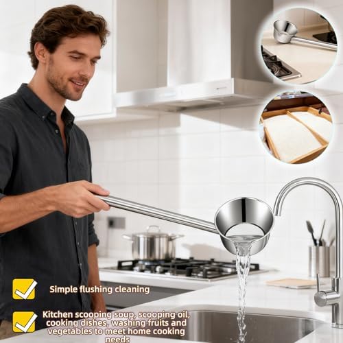 Stainless Steel Long Handle Scoop, Eagle Beak Spout Design - Multipurpose Kitchen, Bath, Garden Ladle Cup for Oil, Soup, Shampoo, Pet Food 13.8 inch Heat-Resistant Handle