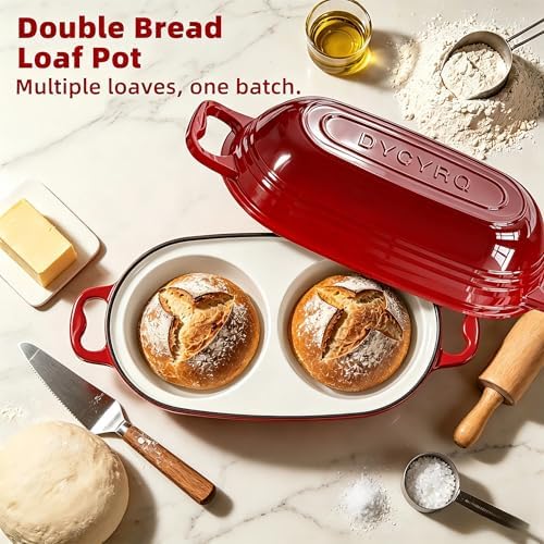 Enameled Cast Iron Dutch Oven Pot with Lid, Double Bread Loaf Pan
