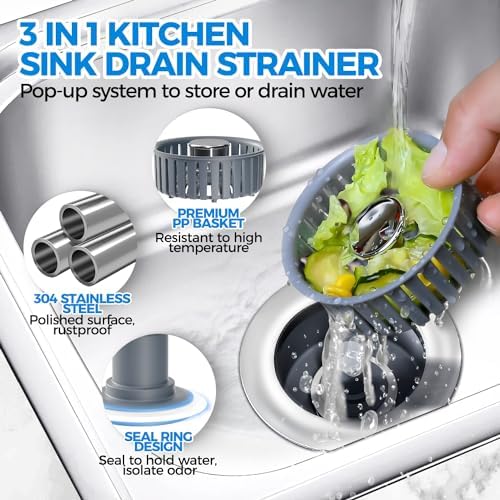 zaa 3 in 1 Kitchen Sink Drain Strainer Stopper Removable Basket Pop-Up