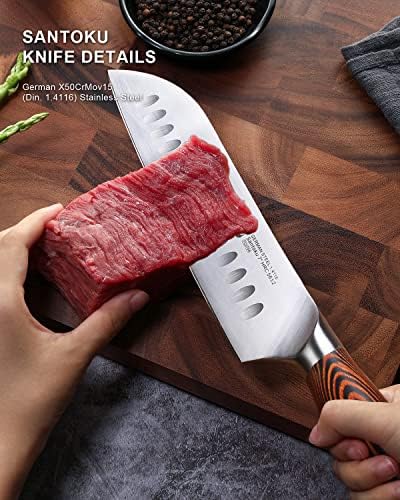 TUO Santoku Knife, 7 inch Japanese Chef Knife for Vegetable Chopping & Meat Dicing, High Carbon German Steel, Ergonomic Handle - Fiery Phoenix Series