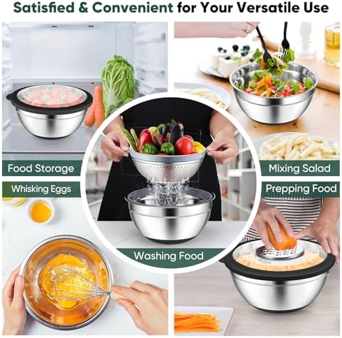P&P CHEF Mixing Bowls with Lids, Metal Mixing Bowl with Colander, Black