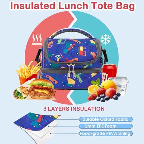 FlowFly Kids Double Decker Cooler Insulated Lunch Bag Large Tote for Boys, Girls, Men, Women, With Adjustable Strap, Car