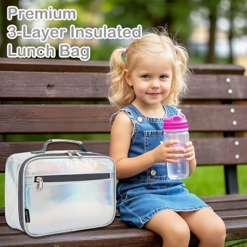 FlowFly Kids Lunch box Insulated Soft Bag Mini Cooler Back to School Thermal Meal Tote Kit for Girls, Boys, Silvery