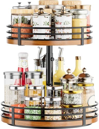 Lazy Susan Turntable Organizer Adjustable - 2 Tier Wood Rotating Spice Rack 12 Inch Lazy Susan for Kitchen Countertop Cabinet Pantry Cupboard Dining Table Bathroom Coffee Bar Home Storage