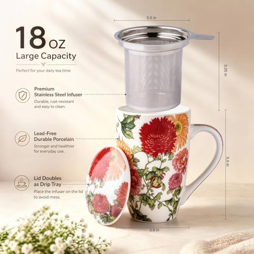 AmorArc Tea Cup With Infuser and Lid, 18oz Loose Leaf Tea Mug With Steeper
