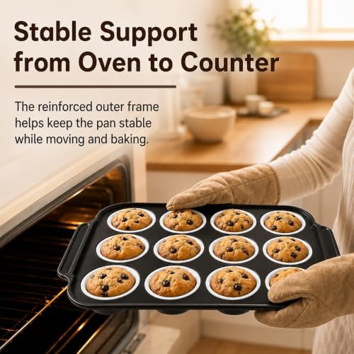 2 Pack Silicone Muffin Pans for Baking, 12-Cup Muffin Tin with Metal Frame