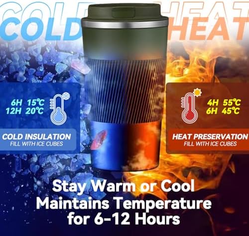 12OZ Travel Coffee Mug Insulated Coffee Cup with Spill Leak Proof Lid, Portable Stainless Steel Tumbler Reusable Hot and Cold Water Mug for Car, Daily, Camping- Military Green