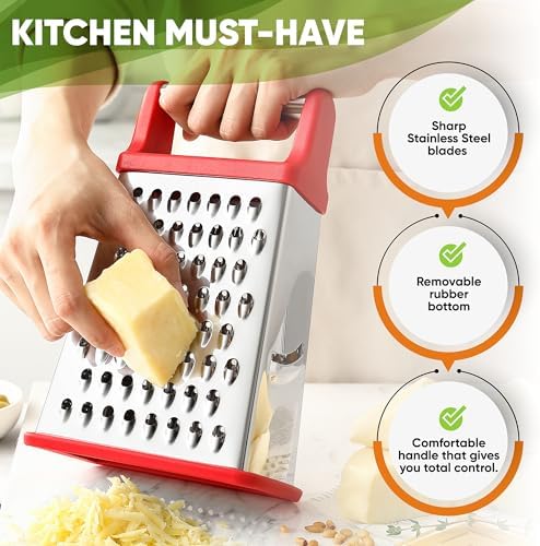 Spring Chef Stainless Steel XL Cheese Grater for Kitchen, Red