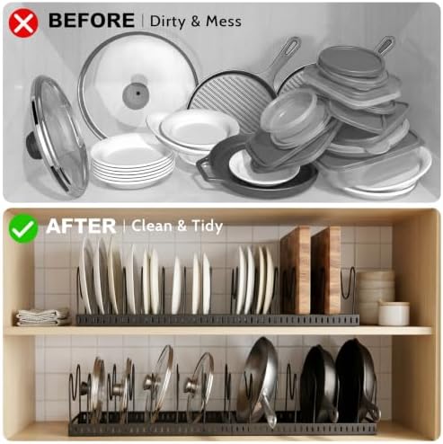 NomNest 2PACK Expandable (12"-24") Pots and Pans Organizer Under Cabinet with 32 Adjustable Dividers for Kitchen, Pot Lid Organizers Inside Cabinet, Pan Lid Holder