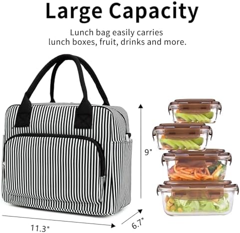 Lunch Bag Women Lunch Box for Women Adult Cute Insulated Lunch Bag Lager Cooler Lunch Tote Bags for Work Picnic (Black Stripes)