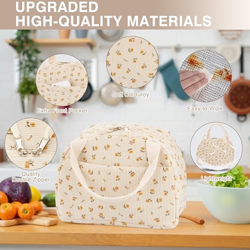 TESAFNG Lunch Bag - Insulated Lunch Box for Women, Reusable Large Capacity Cooler Bag for Adult, Small Leakproof Cute Corduroy Lunch Tote for Work Office Travel Picnic (Corduroy Chrysanthemum)