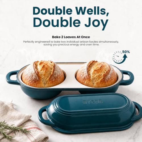 Double Dutch Oven for Bread Baking,Mini Cast Iron Sourdough Loaf Pan(Teal)