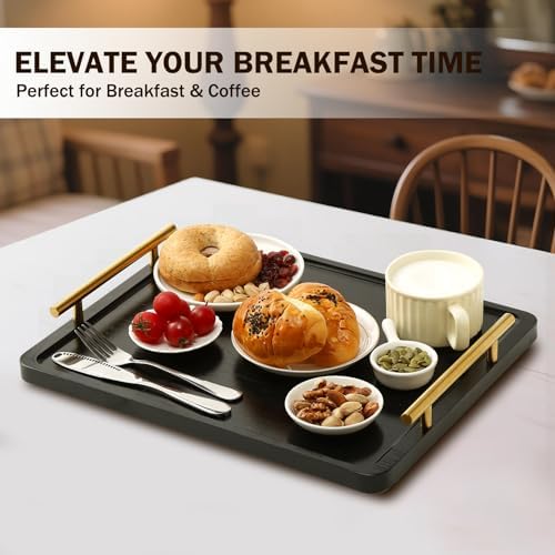 PEKER Wooden Serving Tray with Metal Handles, Black Decorative Coffee Table Tray for Breakfast in Bed, Ottoman & Home Décor, Wooden Food Tray for Kitchen, Living Room & Dining Table