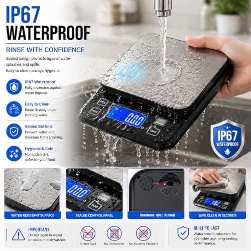 Waterproof Digital Kitchen Scale 0.001oz/0.1g Precision, Stainless Steel Electronic Scale with 3 Power Options (Rechargeable/AAA/Built-in), 10 Units Conversion, Smart Standby, 22lb/10kg Capacity