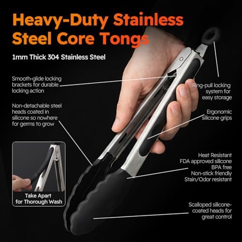 HST Tongs for Cooking with Silicone Tips 3 Pack, Kitchen Tongs (9", Black)