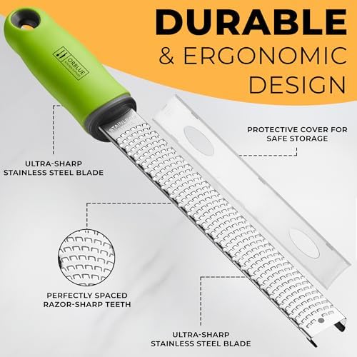 Orblue Lemon Zester & Cheese Grater - Premium Citrus Zester, Kitchen Grater for Parmesan, Chocolate, Fruits, Vegetables, Ginger, Garlic, Nutmeg - Stainless Steel Blades with Protective Cover, Green