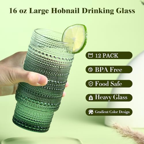 Large Capacity 16 oz Hobnail Drinking Glasses Set of 12, Vintage Glassware Drinking Glasses, Gradual Green Water Glasses Tumbler, Cups for Kitchen, Juice, Beer, Cocktail