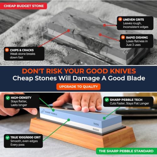 Sharp Pebble Premium Whetstone Knife Sharpening System – 1000/6000 Grit Whetstone Knife Sharpener & Honing Kit with Angle Guide & Non-Slip Bamboo Base – Guided Beginner Instructions (Pack of 2)