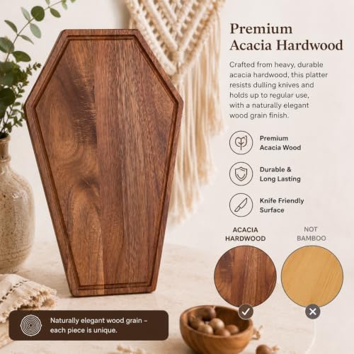 Large Gothic Coffin Charcuterie Board - Acacia Wood Coffin Cutting Board 17x10.5inch - Halloween Serving Tray for Goth Platter, Witchy Gifts for Women
