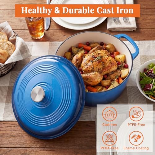 NEWBULIG Cast Iron Dutch Oven, 6 Quart Enamel Dutch Oven Pot with Lid, Heavy Duty Cookware for Sourdough Bread, Braising, Stews, Roasting, Safe up to 500°F, Blue