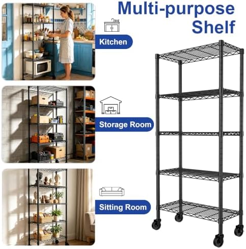 REGILLER 5-Wire Shelving Metal Storage Rack Adjustable Shelves,Standing Storage Shelf Units for Laundry Bathroom Kitchen Pantry Closet(Black,14.1" D x 30" W x 82" H,With Wheels)