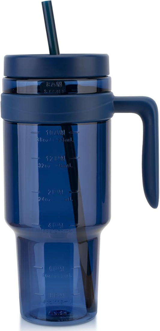 50 oz Tritan Plastic Tumblers with Lids and Straw | Leak-Proof BPA-Free Tumbler with Time Marker | Reusable for Iced Coffee, Tea, Juice, Boba, Smoothies | Wide Mouth