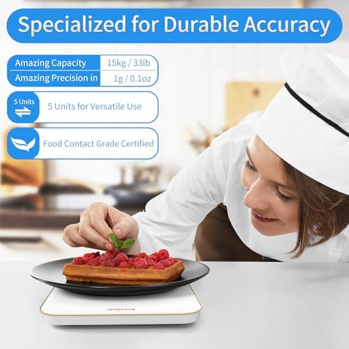 Homebuds 33lb Digital Food Scale Grams and Ounces in 1g, High Precision Assured by Kitchen Scale Professional Factory Since 2001, Gram Scale for Cooking and Baking, LED, 3*AAA, White by Golden Line