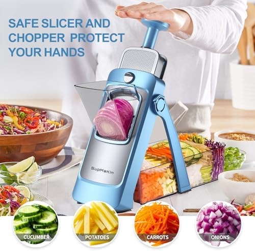 SupMaKin Upgrade Safe Mandoline Slicer,Multi Vegetable Chopper,Potato Slicer, Onion Chopper with Drain Basket Storage Container, Cheese Grater Kitchen Chopping Artifact (BlueGray)