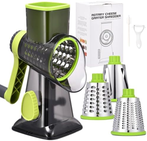 Rotary Cheese Grater with Handle Kitchen Shredder Slicer Grater Slicer Ice Shaver Cheese Vegetable Nuts Potato Zucchini Chocolate 3 Interchangeable Blades (Green TSP)