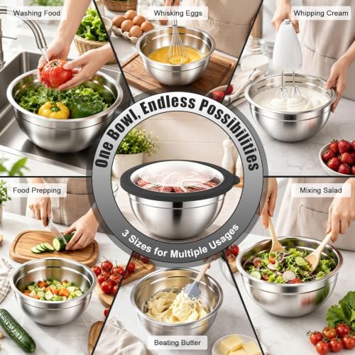 P&P CHEF Stainless Steel Mixing Bowls with Visible Airtight Lids, Black