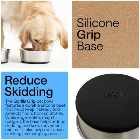 GORILLA GRIP Dog Bowls, Food Grade Stainless Steel, Set of 2, 4 Cup, Black
