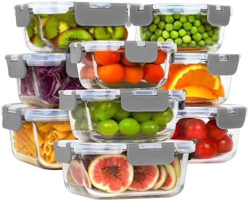 18 Piece Glass Food Storage Containers with Snap Locking Lids for Meal Prep