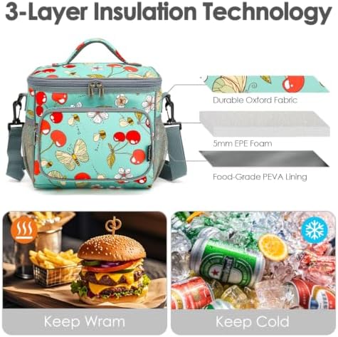 FlowFly Insulated Reusable Lunch Bag Adult Large Lunch Box for Women and Men with Adjustable Shoulder Strap,Front Zipper Pocket and Dual Large Mesh Side Pockets,Cherry