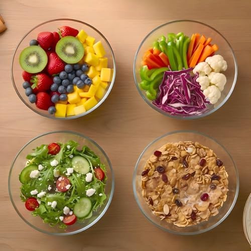 Borosilicate Glass Bowls Set of 4 (6.7 Inch, 1.1 QT) - Heavy-Duty, Scratch Resistant & Lead-Free, Oven to Freezer Safe, Perfect for Meal Prep, Baking, Serving, Entertaining