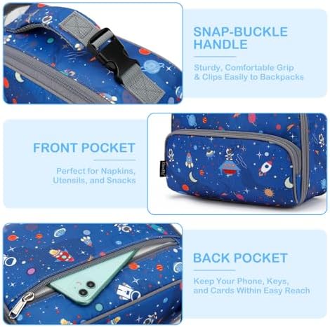 FlowFly Kids Lunch box Insulated Soft Bag Mini Cooler Back to School Thermal Meal Tote Kit for Girls, Boys, Astro&Rocket
