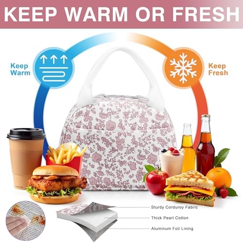 TESAFNG Lunch Bag - Insulated Lunch Box for Women, Reusable Large Capacity Cooler Bag for Adult, Small Leakproof Cute Corduroy Lunch Tote for Work Office Travel Picnic (Corduroy Pink-Flower)