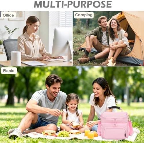 FlowFly Double Layer Cooler Insulated Lunch Bag Adult Lunch Box Large Tote Bag for Men, Women, With Adjustable Strap,Front Pocket and Dual Large Mesh Side Pockets