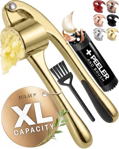 Zulay Kitchen Large Premium Garlic Press Set - Bigger Bowl for Bigger Garlic - Rust Proof Garlic Mincer Tool - Easy-Squeeze, Easy-Clean Silicone Garlic Peeler & Brush (Gold)