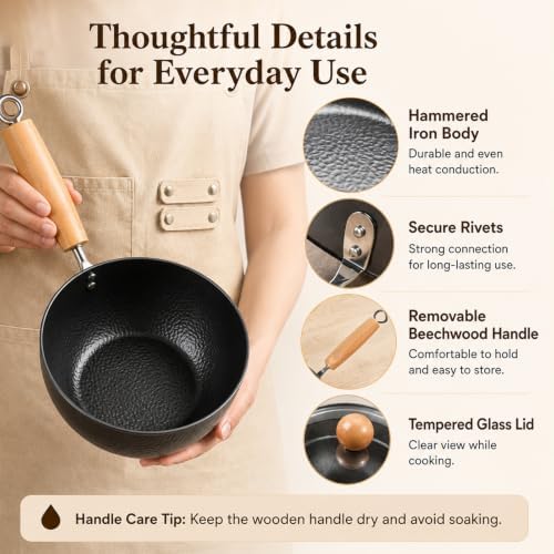 WANGYUANJI 1.6 Qt Small Iron Saucepan with Lid, 7.1-Inch Ramen Cooking Pot