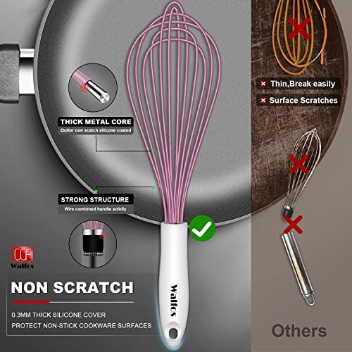 Walfos Whisk, Silicone Whisks for Cooking & Baking Non Scratch Rubber Coated Pink Whisk for Non-stick, Perfect for Frothing, Blending, Beating and Whisking (3pack Pink)