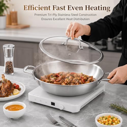 DELARLO Tri-Ply Stainless Steel Flat Bottom Wok, 13 Inch Braiser Pan with Lid, Durable Large Frying pan, Fast Even Heat Saute Pan, Non Toxic Pan for Cooking, Oven Broiler Safe 600F(Not lids)