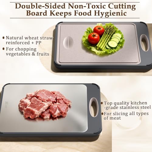 GUANCI Cutting Board for Kitchen, Non Toxic 2-in-1 Double Sided Design, 304 Food Grade Stainless Steel & Wheat Straw PP Chopping Board for Meat & Vegetables, Durable Kitchen Essential, Large 16”×11”