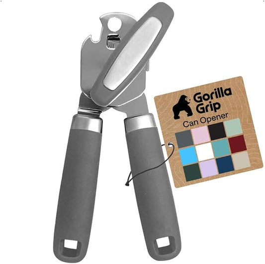 GORILLA GRIP Heavy Duty Stainless Steel Smooth Edge Manual Can Opener and Bottle Openers, Soft Comfortable Handle, Oversized Handheld Turn Knob, US Designed Multifunctional Kitchen Tool, Gray