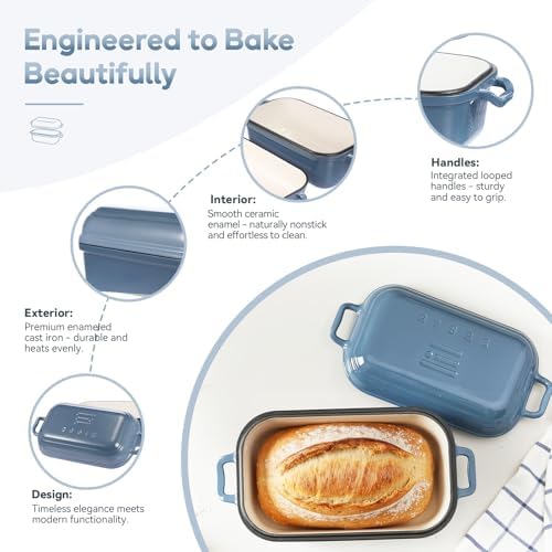 Dutch Oven for Sourdough Bread Baking, Enameled Cast Iron Dutch Oven Pot with Lid, 10×6 Bread Loaf Pans with Lid for Homemade Bread, Cake, Meatloaf, Oven & Induction Safe (Blue, 3.84 QT)