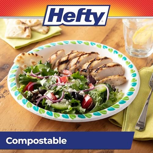 Hefty Compostable Paper Plates, 10 Inches, 20 Count, Patterned Disposable Plates for BBQs, Parties, Holidays, and Everyday Use, Soak-Resistant, Made with Plant-Based Materials, Microwave Safe