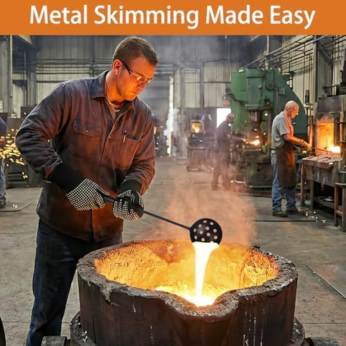 Casting Skimmer with Anti-Slip Gloves – 3.9" Steel Skimmer Ladle with 16.5" Handle for Zinc and Metal Alloys, Molten Metal Skimming Tool for Foundry and Casting
