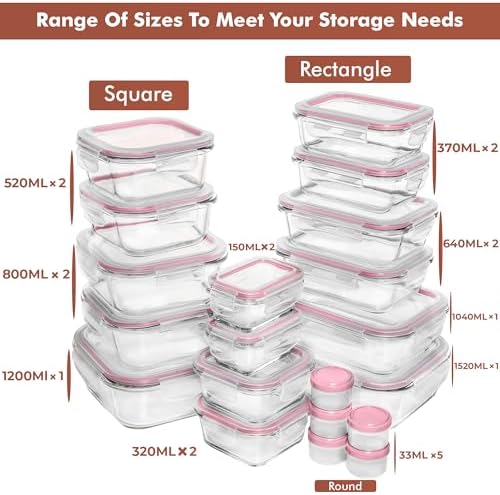 Razab 35 Pc Set Glass Food Storage Containers with Lids - Meal Prep Airtight Bento Boxes BPA-Free 100% Leak Proof (15 lids,15 glass & 5 Plastic Sauce/Dip Containers)