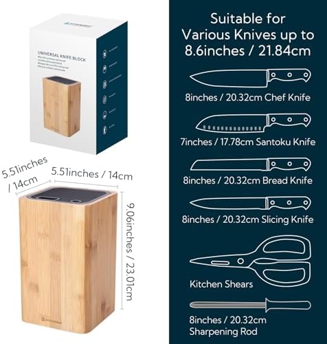 Deluxe Universal Knife Block with Slots for Scissors and Sharpening Rod - Bamboo Knife Holder For Safe, Space Saver Knives Storage - Unique Slot Design to Protect Blades - by KITCHENDAO